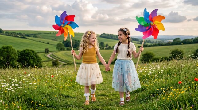 Two young girls holding large colorful pinwheels walking hand in hand through wildflower meadow with rolling green hills and warm late afternoon light