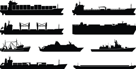 Fototapeta premium Cargo and Marine Ship Silhouette Collection with Container Tanker Fishing Naval and Freight Vessels