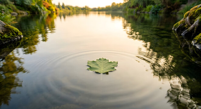 Green leaf floating on calm water surface with ripple effect at sunset