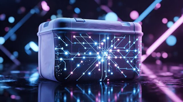 Futuristic Virtual Reality Headset with Neon Network Glow.