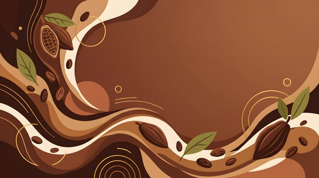 Flowing abstract chocolate background with cocoa beans and leaves in a modern flat design style