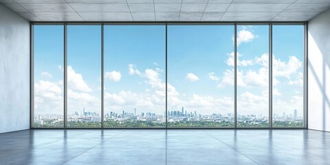 Fototapeta premium Modern Empty Interior Office Space Featuring a Large Panoramic Window With Dynamic City Skyline View