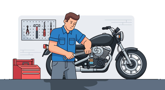 Mechanic Repairing Motorcycle Engine with Tools in Workshop