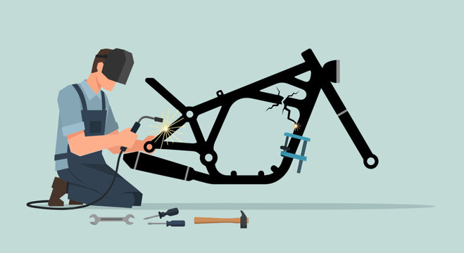 Mechanic Repairing Bicycle Frame with Precision Tools in Workshop