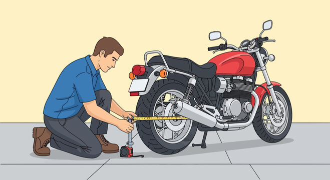 Man Measuring Motorcycle Wheel with Precision Tools for Maintenance