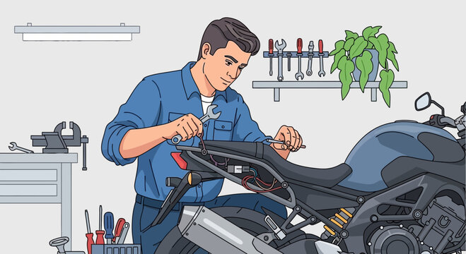 Mechanic Repairing Motorcycle Engine with Precision Tools in Workshop