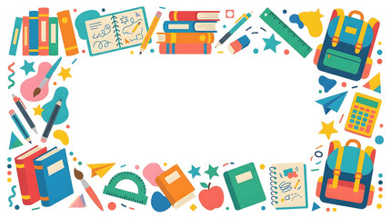 Fototapeta premium Colorful Back to School Border Illustration with Educational Supplies Frame