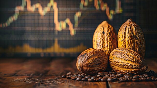 Cocoa and coffee beans on wood with stock market graph showing commodity trading trends