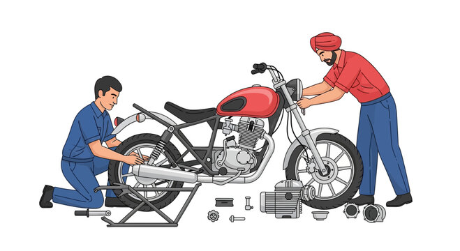 Mechanics Repairing Motorcycle Together in Workshop Setting
