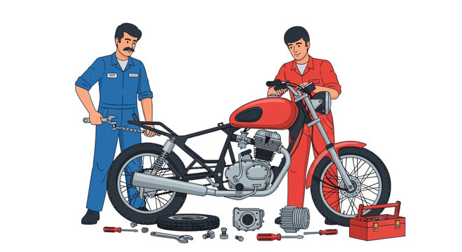 Mechanics Repairing Vintage Motorcycle in Workshop Setting