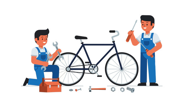 Friendly Mechanics Repairing Bicycle Together in Workshop