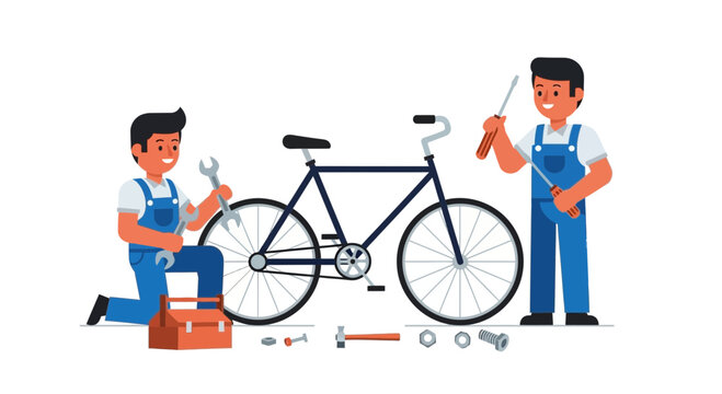 Two Mechanics Repairing Bicycle Together in Workshop