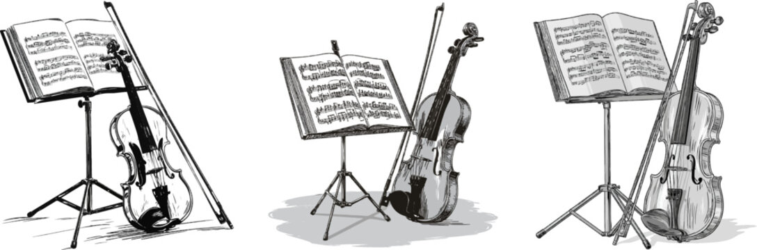 A detailed illustration of a metal music sheet stand holding an open book of classical musical notes with an elegant violin resting beside it on a pure solid white background