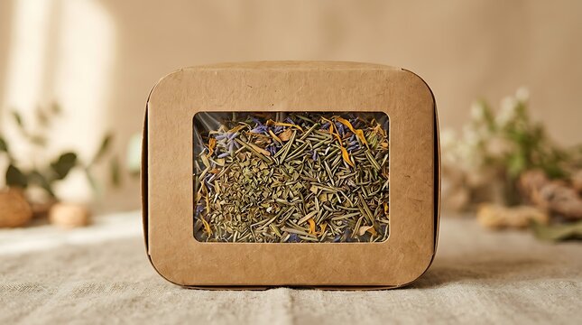 Organic herbal tea blend in a craft paper box with window