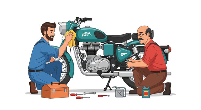Mechanics Repairing Vintage Motorcycle Together in Workshop