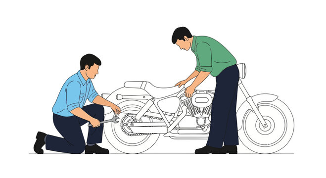 Two Mechanics Inspecting Car Engine with Tools for Repair Work