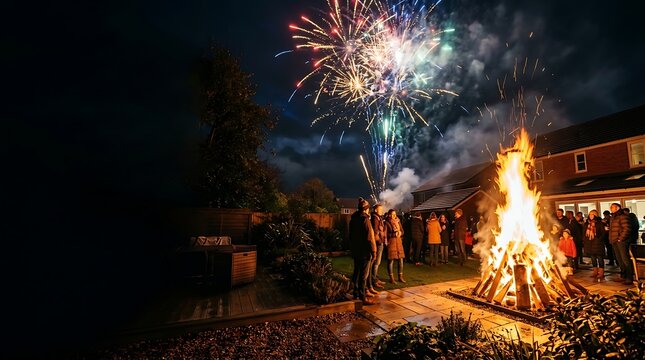 People gather around a large bonfire with fireworks in the night sky