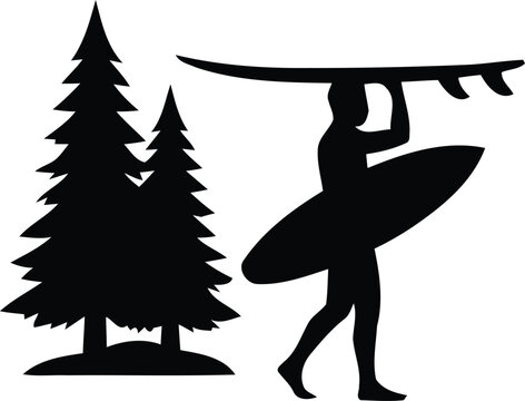 Silhouette Of A Surfer Carrying A Surfboard With Pine Trees Black And White Graphic black and white pine tree conifer evergreen