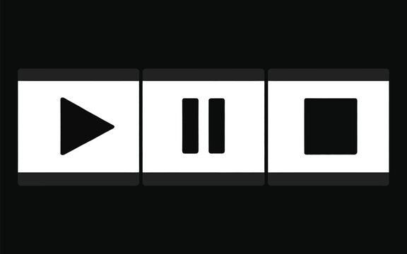 Media, control button set with black and white play pause stop and playback function icons, vector illustration.