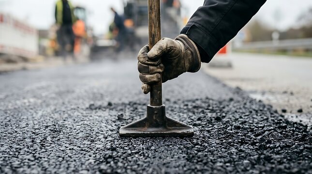 Construction worker tamping fresh asphalt on a road
