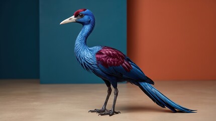 Fototapeta premium Long tailed blue and maroon crane photographed in studio setting with warm and cool color blocks, side view showing intricate plumage, tall stance and refined silhouette