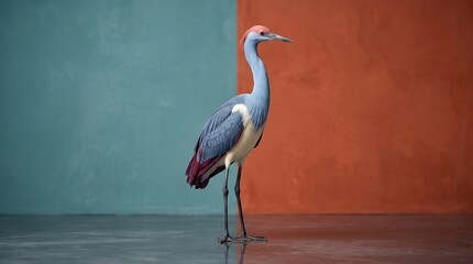 Fototapeta premium Blue and pink crowned crane standing on reflective floor against teal and terracotta split backdrop, studio setting with calm poised stance