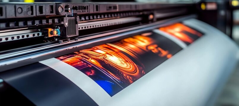 Industrial large format inkjet printer printing vibrant colorful detailed design graphics project.