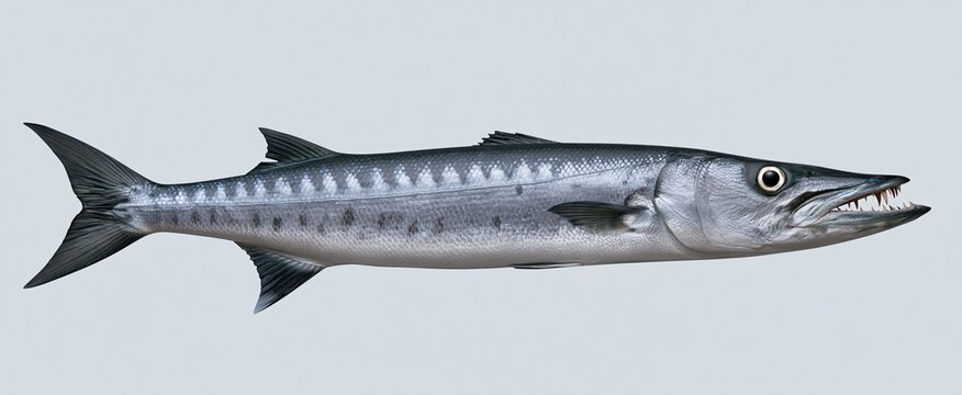 Minimalist light gray backdrop featuring a detailed silver barracuda with pronounced teeth, perfect for fishing and marine themes.