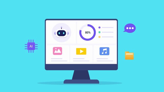 Animated flat vector dashboard featuring an AI assistant, progress indicator, media controls, messaging, and file management icons. Modern technology animation for digital content and workflow.