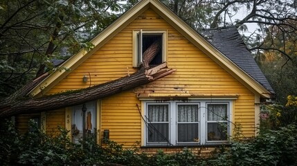 Obraz premium Urgent roof repair needed after tree falls on house, creating major safety concerns for residents