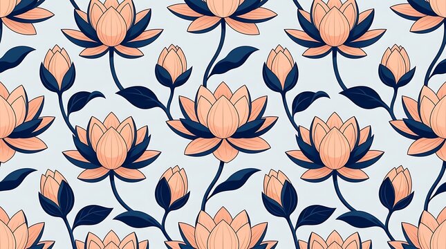 Seamless floral pattern featuring peach lotus flowers and navy stems