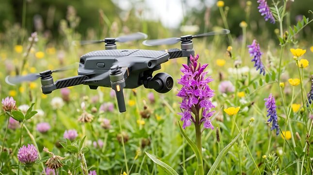 Modern drone hovering above colorful wildflowers in a summer meadow