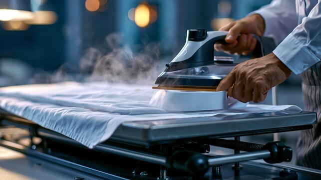 Professional tailor carefully ironing a crisp white shirt using a modern steaming iron on a sturdy metal industrial pressing table