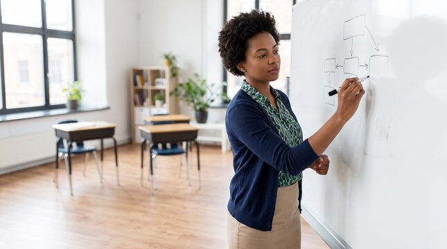 A focused female teacher draws a flowchart on a whiteboard in a bright, modern classroom setting