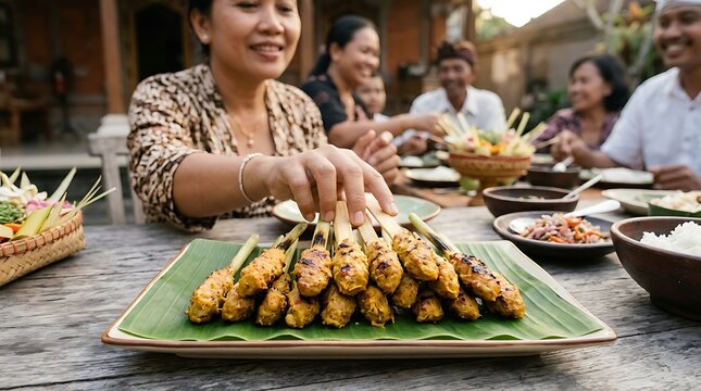 Woman reaching for grilled satay lilit during outdoor family meal