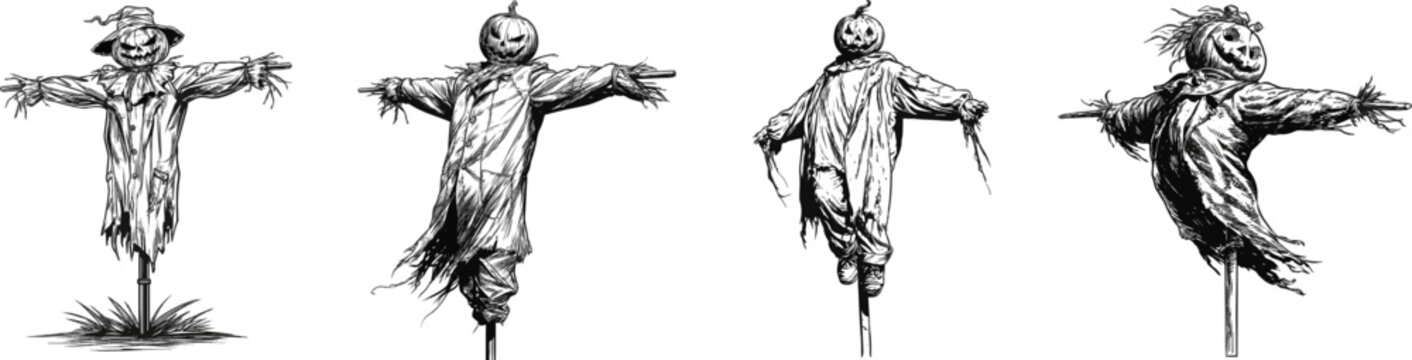 A spooky scarecrow with a carved pumpkin head stands tall in a garden, its tattered coat and black-and-white line art evoking a haunting Halloween atmosphere
