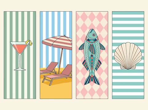 Retro Summer Vacation Illustration Set with Cocktail Beach Fish and Shell Icons