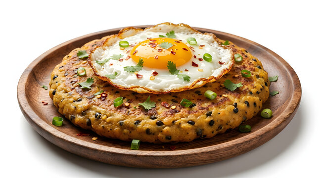 Savory Nepalese Bara traditional lentil pancake topped with a fried egg, isolated on a pure white background