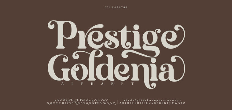 Prestige Goldenia Luxury sans serif alphabet letters font and number. Classic Lettering Minimal Fashion Designs. Typography decorative wedding fonts and logo. vector illustration