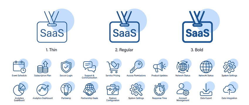 A collection of SaaS themed line art icons and badges for software business branding.