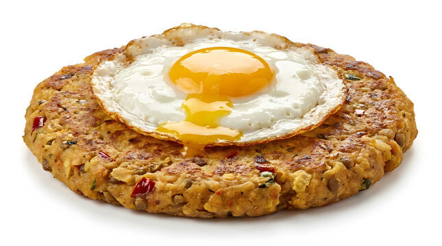 Savory Nepalese Bara traditional lentil pancake topped with a fried egg, isolated on a pure white background