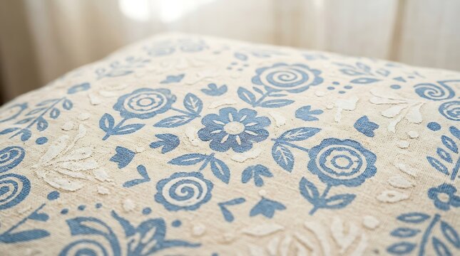 Close up of blue floral pattern on white textile cushion