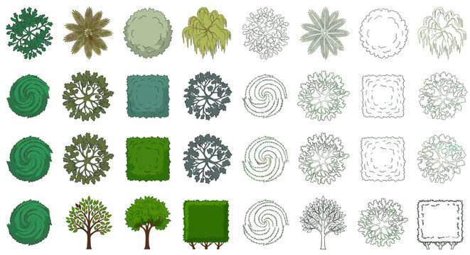 CAD Tree Top View Vector Set &ndash; Hand Drawn Landscape Trees Isolated on White