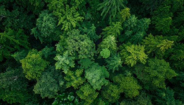 An aerial view of a lush green forest with lots of trees