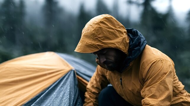 Man wearing an orange waterproof jacket and hood, crouching to adjust a camping tent's flysheet in a wet, rainy forest environment, embodying resilience in challenging outdoor conditions
