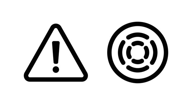 Warning exclamation mark triangle and focus circular sensor icon set with exclamation triangle attention circular interface minimalist isolated detection scanning aperture security