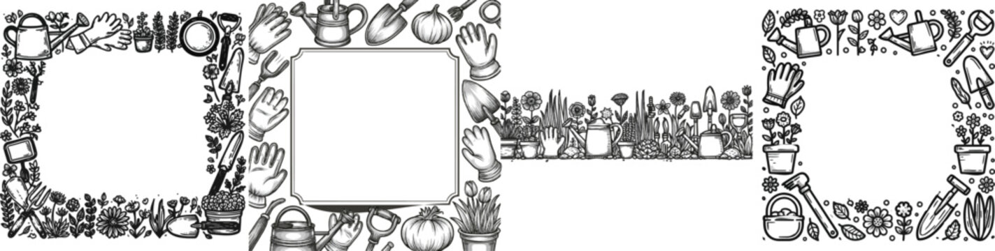 This vector border design features stylized garden elements like watering cans, gloves, and tools in crisp black and white line art with bold contours, isolated on a pure white background