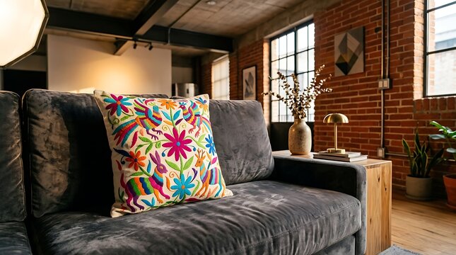 Colorful embroidered cushion on a grey velvet sofa in a loft