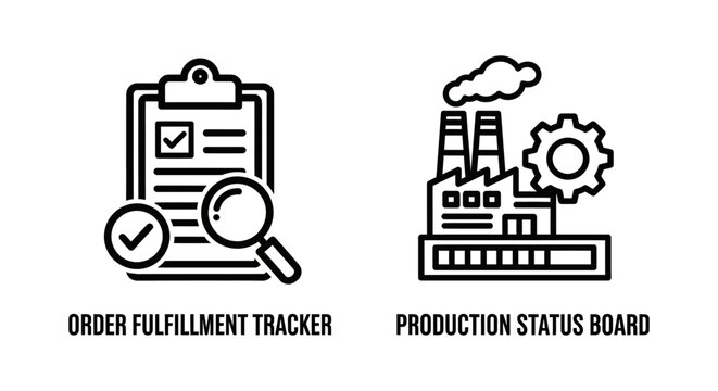 Business process icons for order tracking and production status with fulfillment tracking production business clipboard industry checklist magnifying management logistics progress