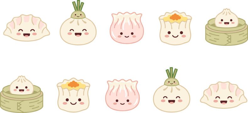 Cute Dim Sum Vector Set featuring Kawaii Chinese Dumpling, Shumai, Gyoza, and Baozi Characters in Bamboo Steamers for Asian Restaurant Menu and Sticker Designs